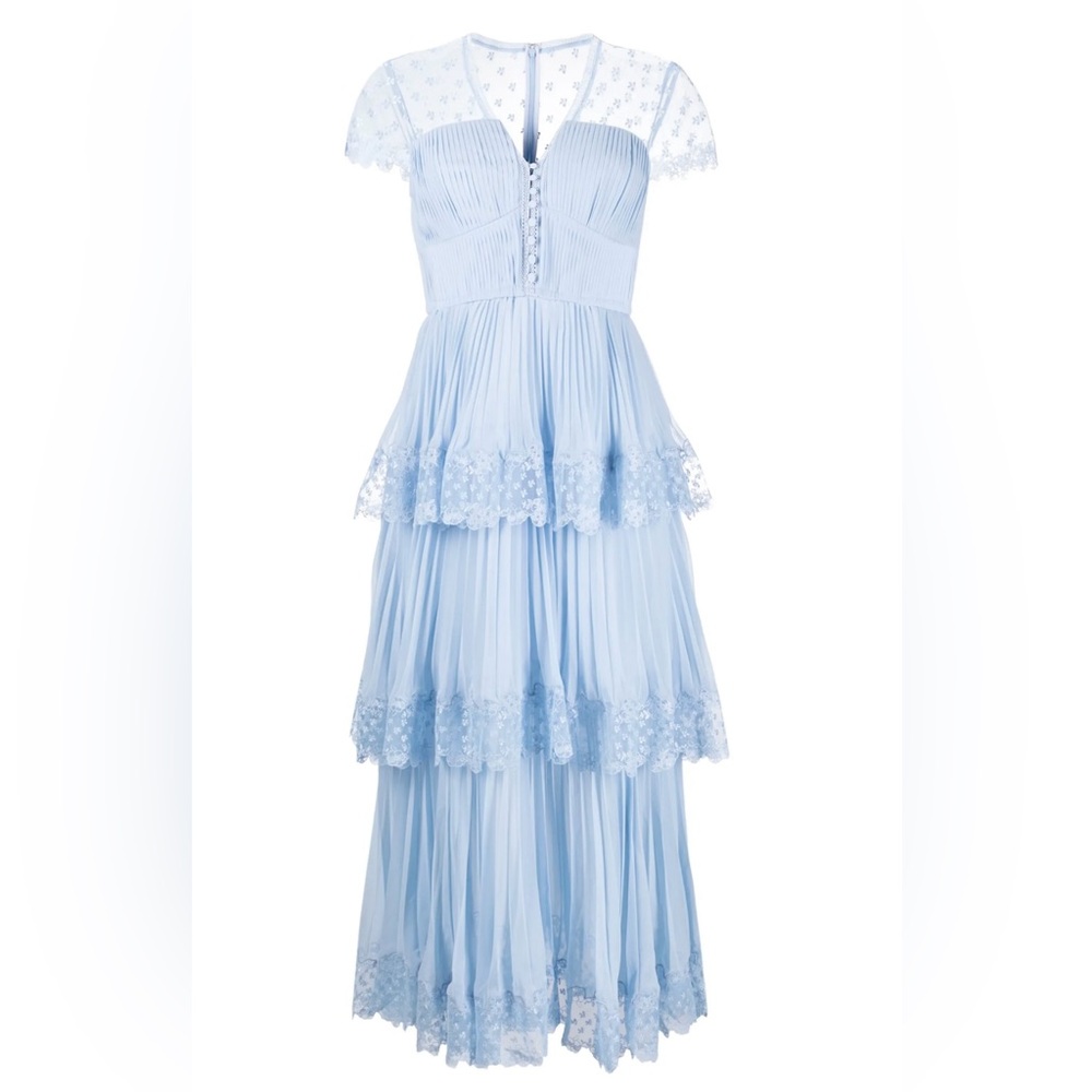 Self-Portrait Blue Chiffon Tiered Midi Dress